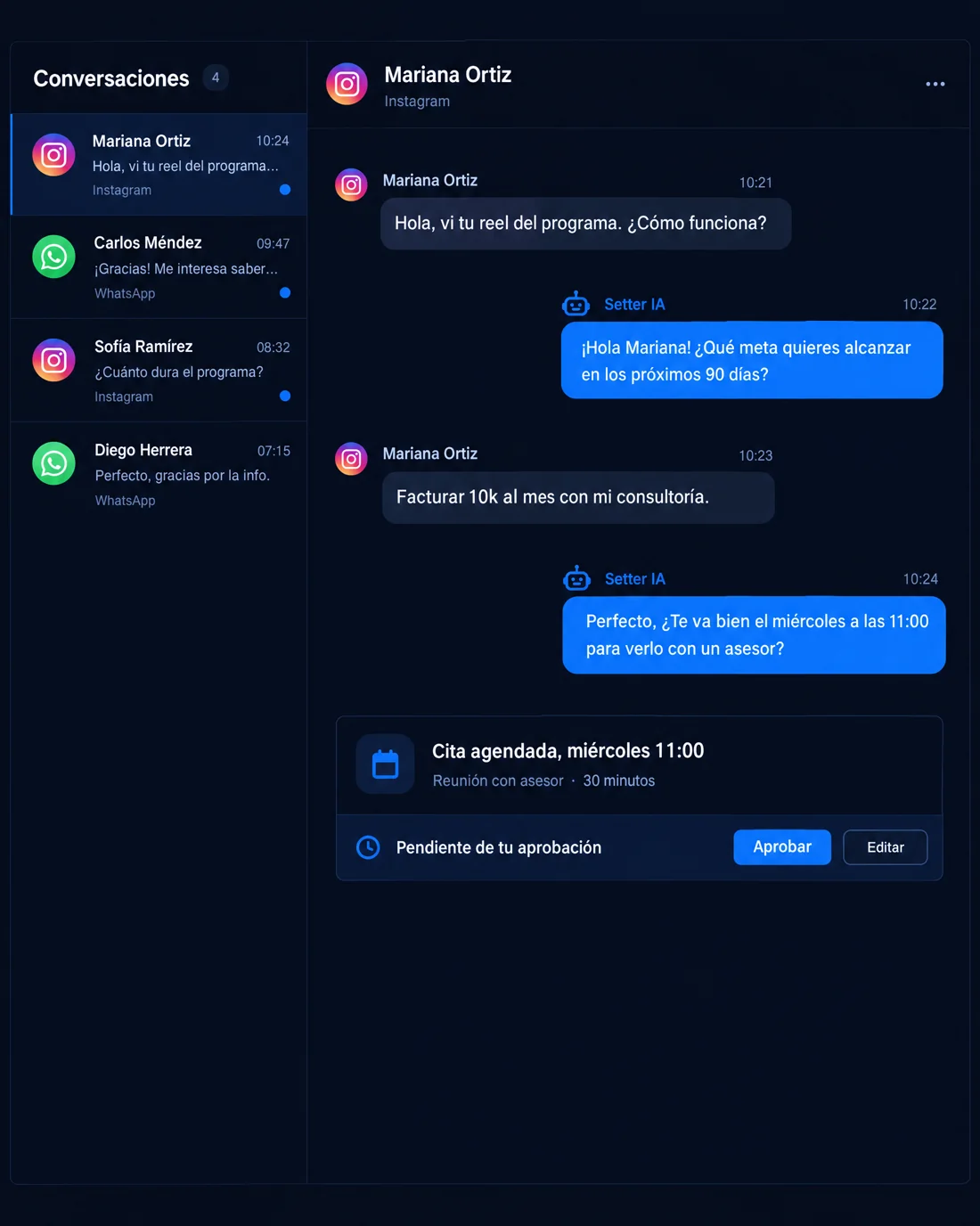Bandeja de conversaciones: el Setter IA le propone a una lead de Instagram una llamada el miércoles a las 11:00, pendiente de aprobación.